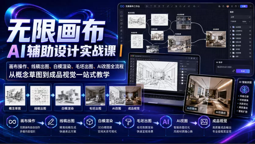 无限画布AI辅助设计实战课｜画布操作、线稿出图、白模渲染、毛坯出图、AI改图全流程，从概念草图到成品视觉一站式教学 - 来及网络