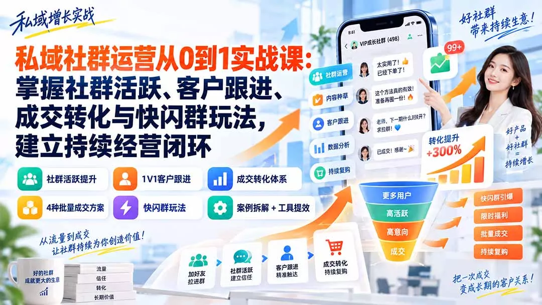 私域社群运营从0到1实战课：掌握社群活跃、客户跟进、成交转化与快闪群玩法，建立持续经营闭环 - 来及网络