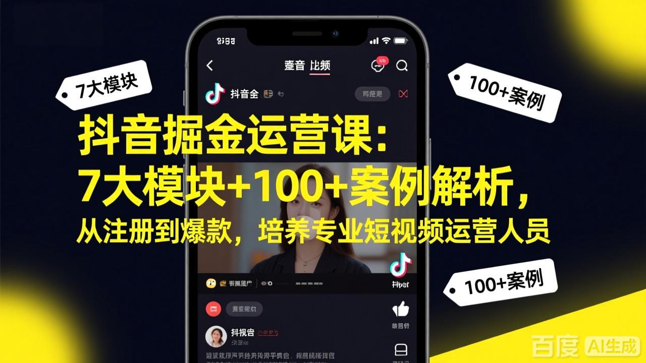 抖音掘金运营课：7大模块+100+案例解析，从注册到爆款，培养专业短视频运营人员 - 来及网络