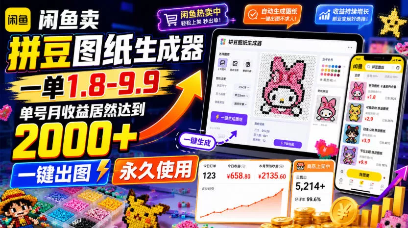闲鱼卖拼豆图纸生成器，一单1.8-9.9，单号月收益居然达到2000+一键出图永久使用 - 来及网络