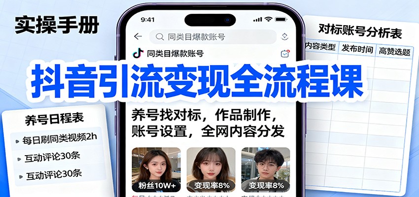 抖音引流变现全流程课：养号找对标，作品制作，账号设置，全网内容分发 - 来及网络