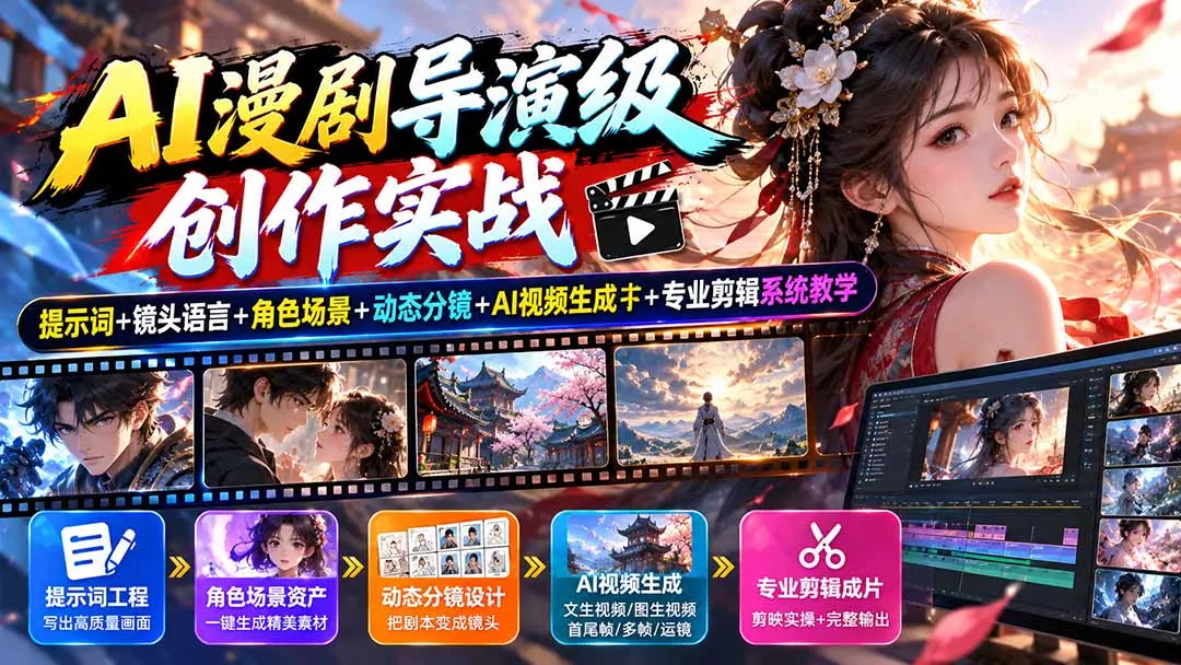 AI漫剧导演级创作实战：提示词+镜头语言+角色场景+动态分镜+AI视频生成+专业剪辑系统教学 - 来及网络