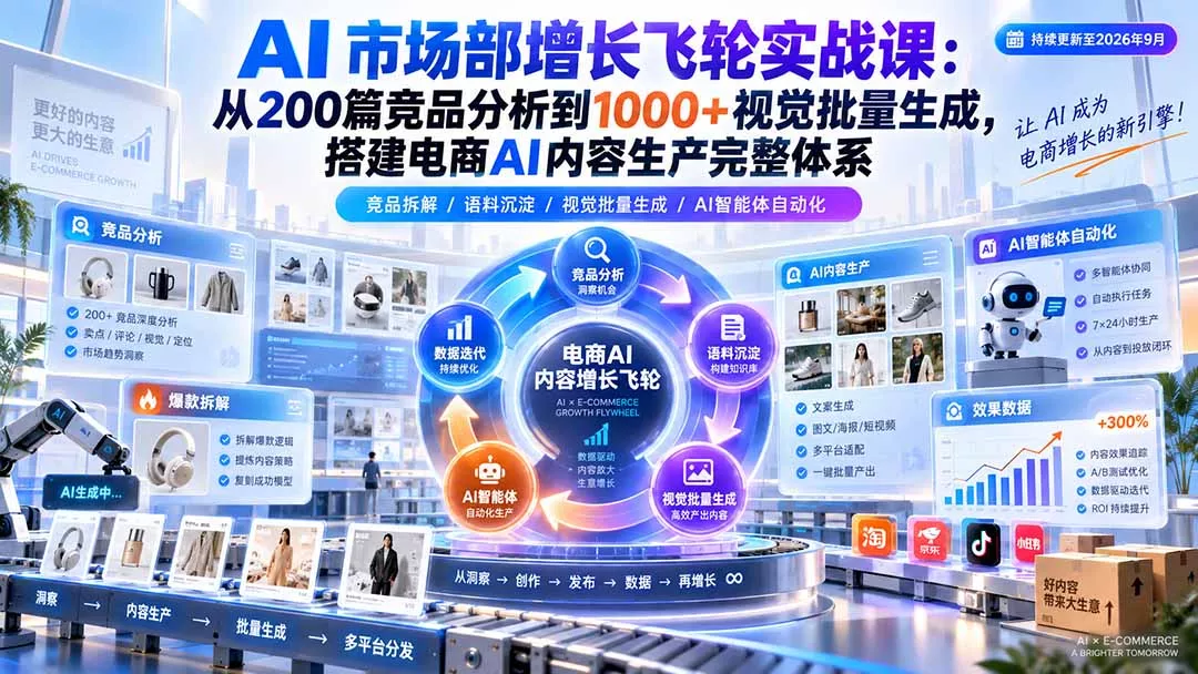 AI 市场部增长飞轮实战课：从200篇竞品分析到1000+视觉批量生成，搭建电商AI内容生产完整体系 - 来及网络