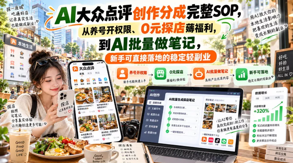 【无水印】AI大众点评创作分成完整SOP，从养号开权限、0元探店薅福利，到AI批量做笔记，新手可直接落地的稳定轻副业 - 来及网络