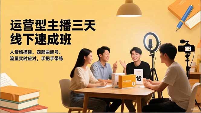 运营型主播三天线下班，人货场搭建,四部曲起号,流量实时应对，手把手带练 - 来及网络