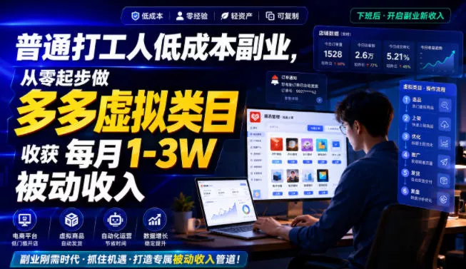 普通打工人低成本副业，从零起步做多多虚拟类目，收获每月1-3W被动收入【揭秘】 - 来及网络
