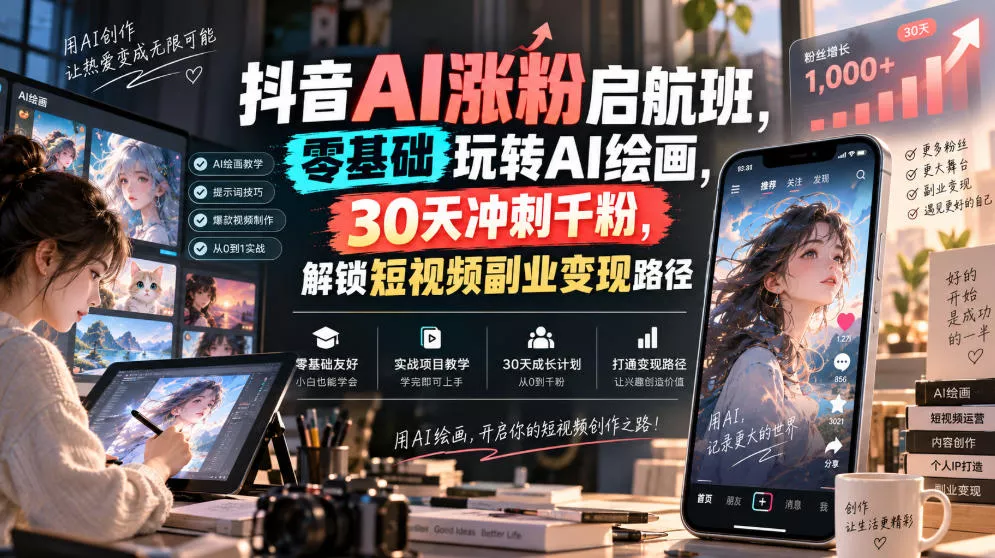 抖音AI涨粉启航班，零基础玩转AI绘画，30天冲刺千粉，解锁短视频副业变现路径 - 来及网络