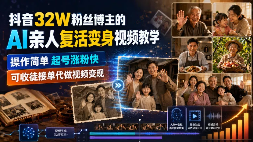 抖音32W粉丝博主的AI亲人复活变身视频教学，操作简单，起号涨粉快，可收徒接单代做视频变现 - 来及网络