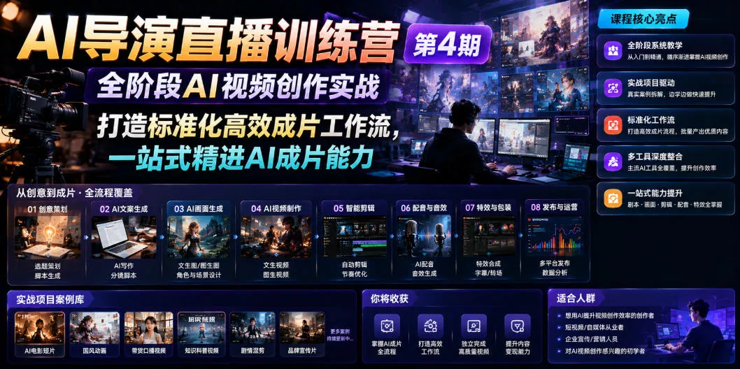 AI导演直播训练营第4期｜全阶段AI视频创作实战，打造标准化高效成片工作流，一站式精进AI成片能力 - 来及网络
