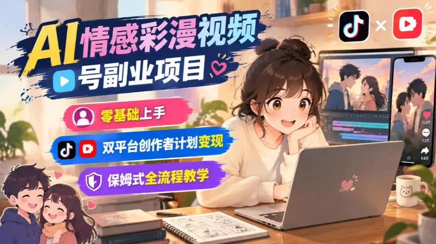 AI情感彩漫视频号副业项目，零基础上手，双平台创作者计划变现，保姆式全流程教学 - 来及网络