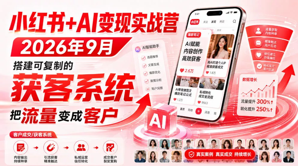 小红书+AI变现实战营2026年9月，搭建可复制的获客系统，把流量变成客户！ - 来及网络