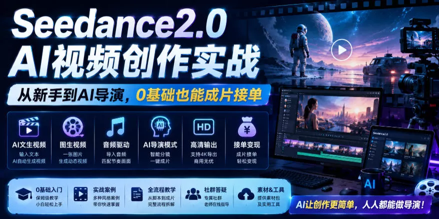 Seedance2.0 AI视频创作实战，从新手到AI导演，0基础也能成片接单变现 - 来及网络