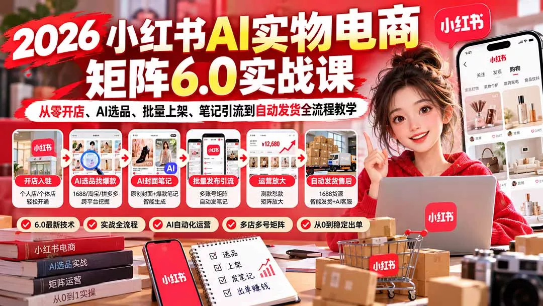 2026小红书AI实物电商矩阵6.0实战课：从零开店、AI选品、批量上架、笔记引流到自动发货全流程教学 - 来及网络