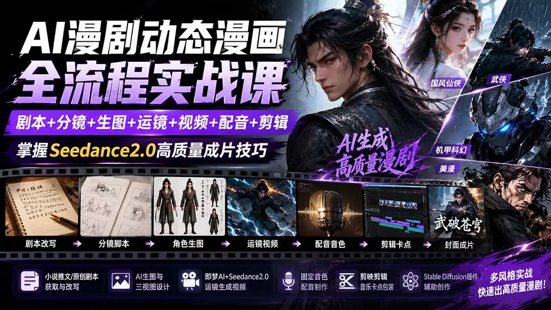 AI漫剧动态漫画全流程实战课：剧本+分镜+生图+运镜+视频+配音+剪辑，掌握Seedance2.0高质量成片技巧 - 来及网络