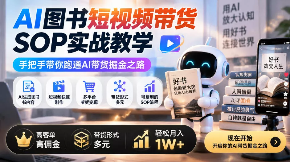 AI图书短视频带货SOP实战教学，手把手带你跑通AI带货掘金之路，高客单高佣金，带货形式多元，轻松月入1W+ - 来及网络
