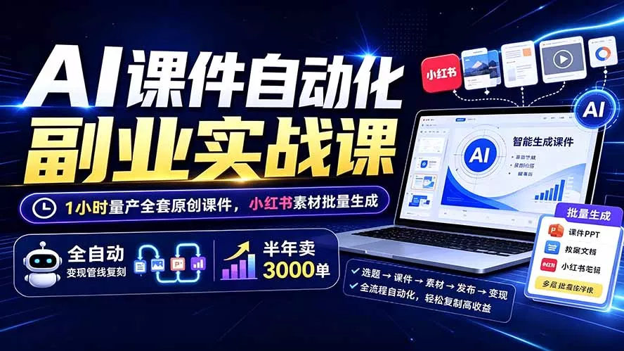 AI课件自动化副业实战课：1小时量产全套原创课件×小红书素材批量生成×全自动变现管线×半年卖3000单 - 来及网络
