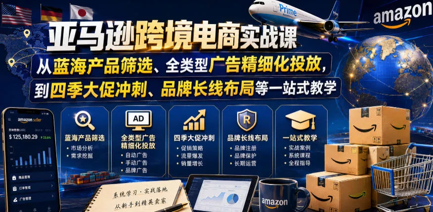 亚马逊跨境电商实战课，从蓝海产品筛选、全类型广告精细化投放，到四季大促冲刺、品牌长线布局等一站式教学(更新8月) - 来及网络