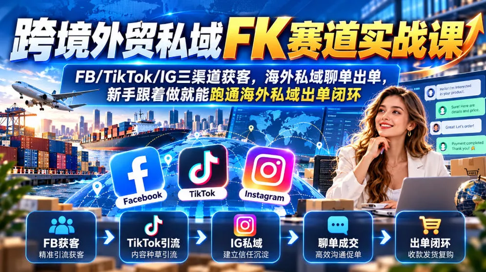 跨境外贸私域FK赛道实战课｜FB/TikTok/IG三渠道获客，海外私域聊单出单，新手跟着做就能跑通海外私域出单闭环 - 来及网络