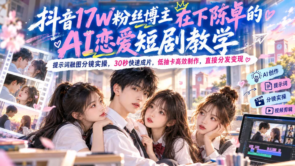 抖音17W粉丝博主在下陈卓的AI恋爱短剧教学，提示词融图分镜实操，30秒快速成片，低抽卡高效制作，直接分发变现 - 来及网络