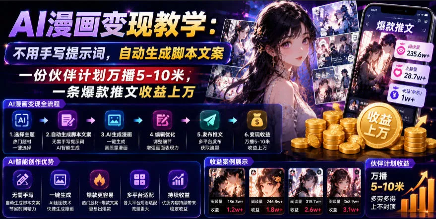 AI漫画变现教学：不用手写提示词，自动生成脚本文案，一份伙伴计划万播5-10米，一条爆款推文收益上W - 来及网络