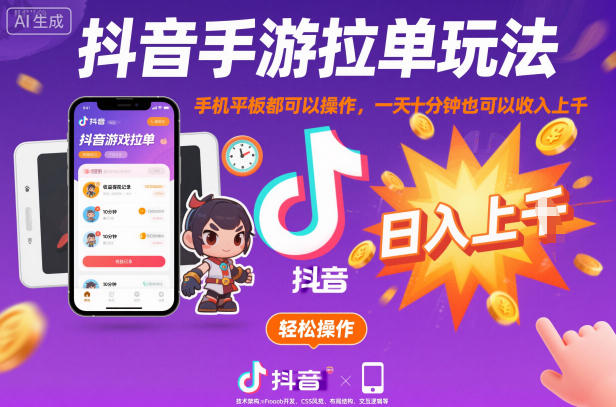 抖音手游拉单玩法，手机平板都可以操作，一天十分钟也可以收入上K【揭秘】 - 来及网络