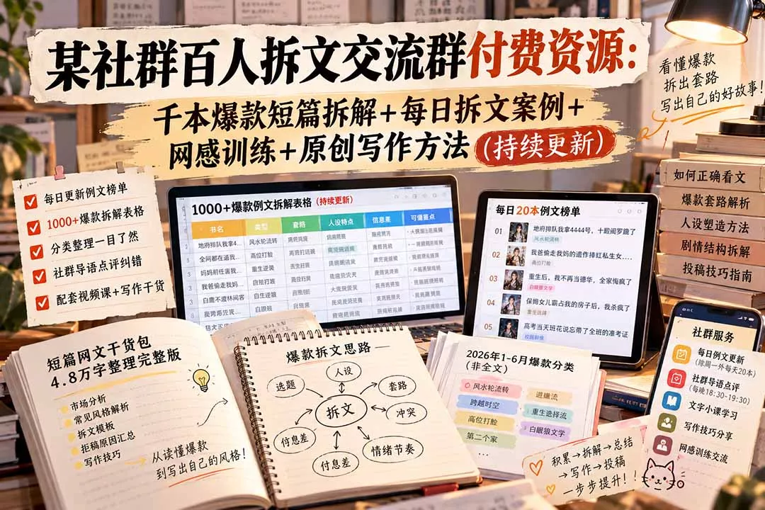 某社群百人拆文交流群付费资源-更新0929：千本爆款短篇拆解+每日拆文案例+网感训练+原创写作方法 - 来及网络