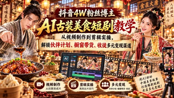 抖音4W粉丝博主AI古装美食短剧教学，从视频制作到剪辑实操，解锁伙伴计划、橱窗带货、收徒多元变现渠道 - 来及网络