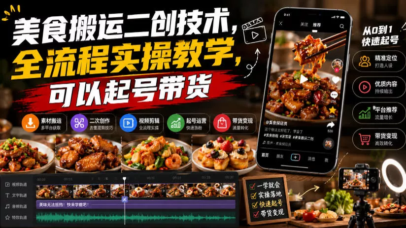 美食搬运二创技术，全流程实操教学，可以起号带货 - 来及网络