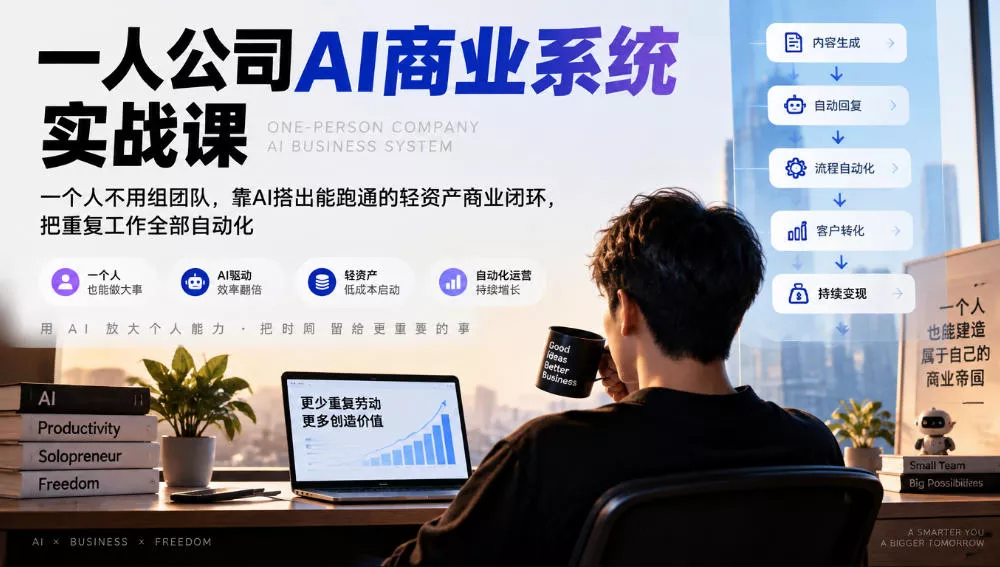 一人公司AI商业系统实战课，一个人不用组团队，靠AI搭出能跑通的轻资产商业闭环，把重复工作全部自动化 - 来及网络