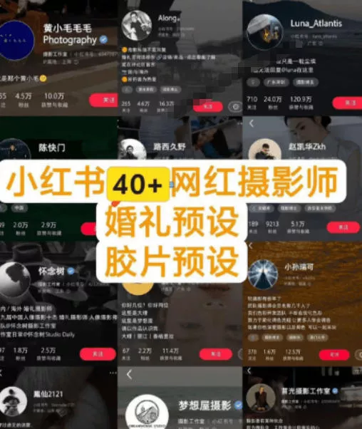 独家高质量调色素材合集！精选小红书40+多位网红婚礼/人像/风光摄影师的预设，按姓名整理，建议收藏！
