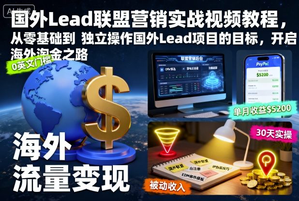 国外Lead联盟营销实战视频教程，从零基础到独立操作国外Lead项目的目标，开启海外淘金之路 - 来及网络