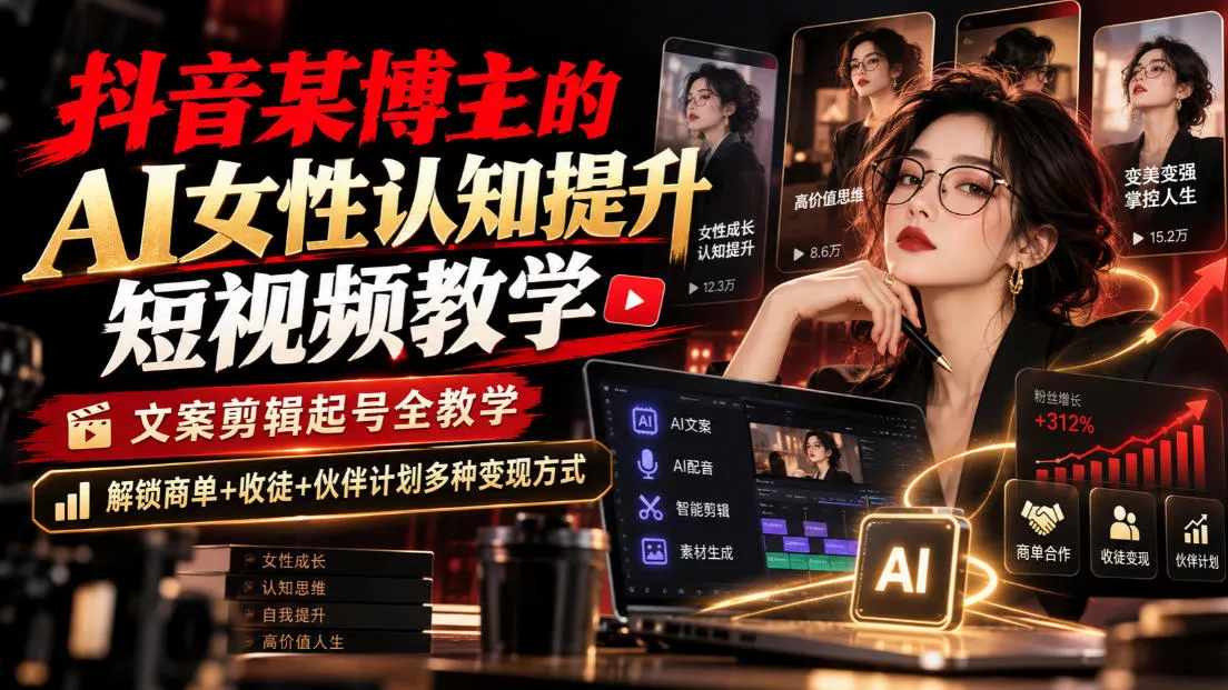 抖音某博主的Ai女性认知提升短视频教学，文案剪辑起号全教学，解锁商单+收徒+伙伴计划多种变现方式 - 来及网络