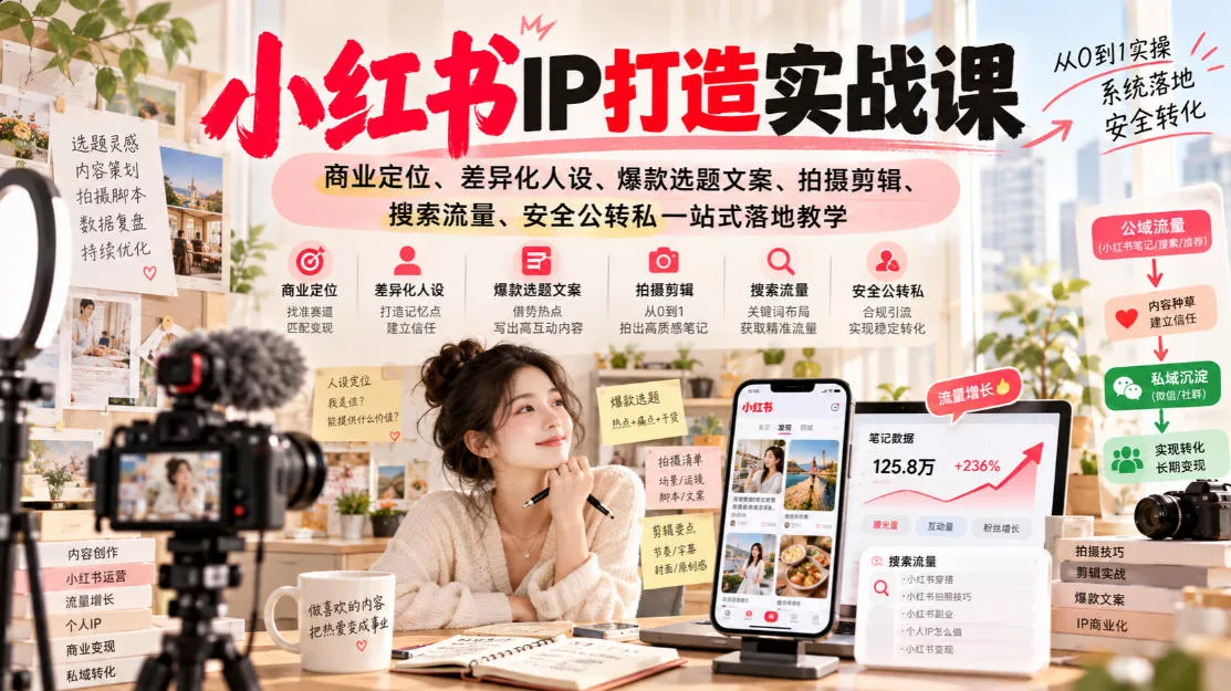 小红书ip打造实战课，商业定位、差异化人设、爆款选题文案、拍摄剪辑、搜索流量、安全公转私一站式落地教学 - 来及网络
