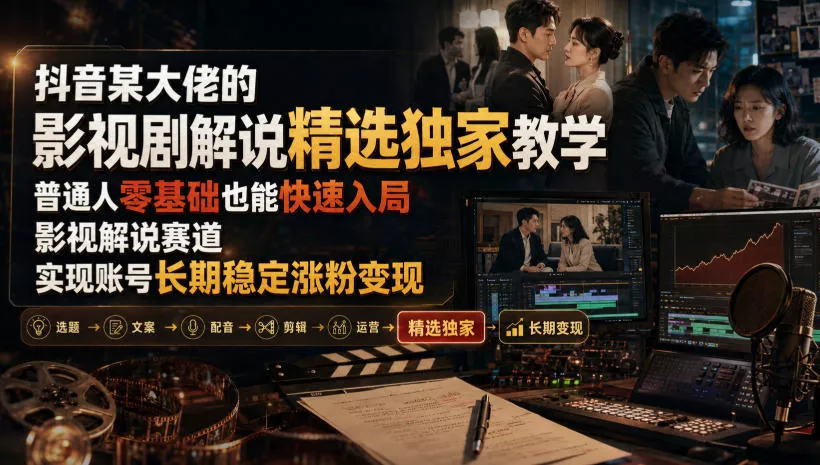 抖音某大佬的影视剧解说精选独家教学，普通人零基础也能快速入局影视解说赛道，实现账号长期稳定变现 - 来及网络