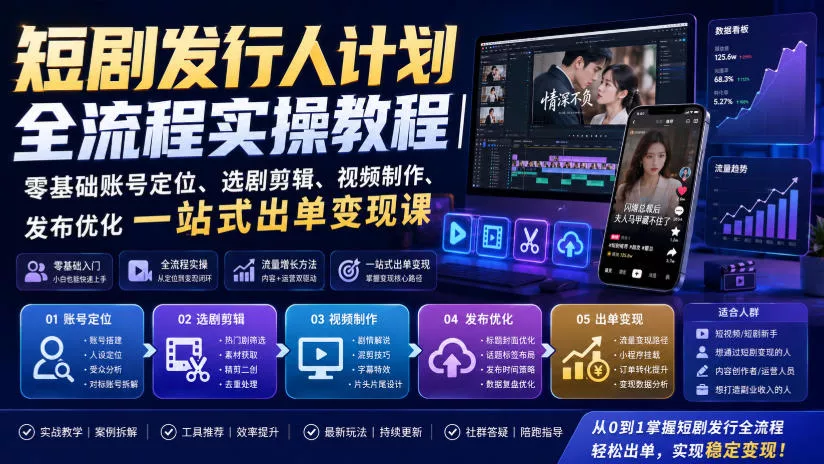 短剧发行人计划全流程实操教程｜零基础账号定位、选剧剪辑、视频制作、发布优化一站式出单变现课 - 来及网络