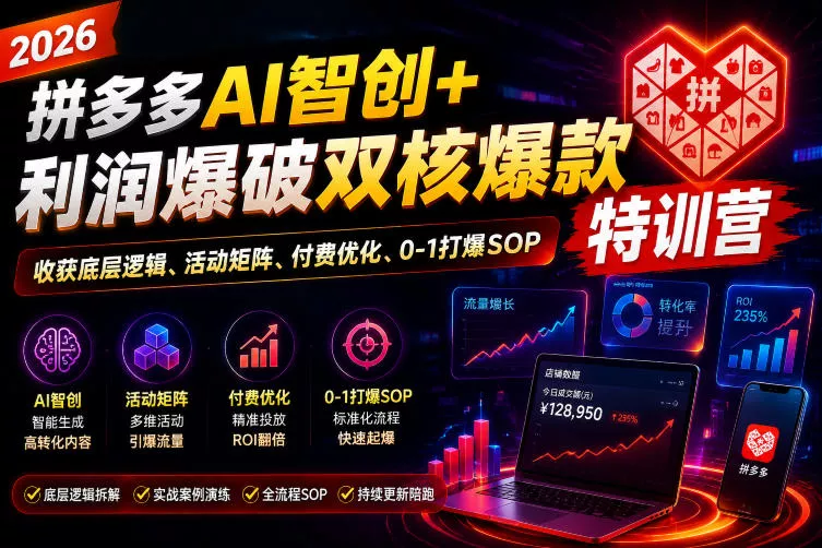 2026拼多多AI智创+利润爆破双核爆款特训营，收获底层逻辑、活动矩阵、付费优化、0-1打爆SOP(更新0810) - 来及网络
