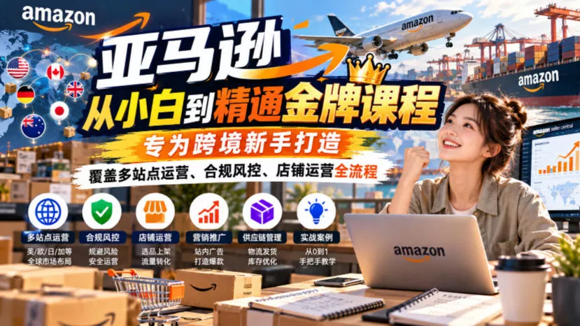 亚马逊从小白到精通金牌课程，专为跨境新手打造，覆盖多站点运营、合规风控、店铺运营全流程 - 来及网络