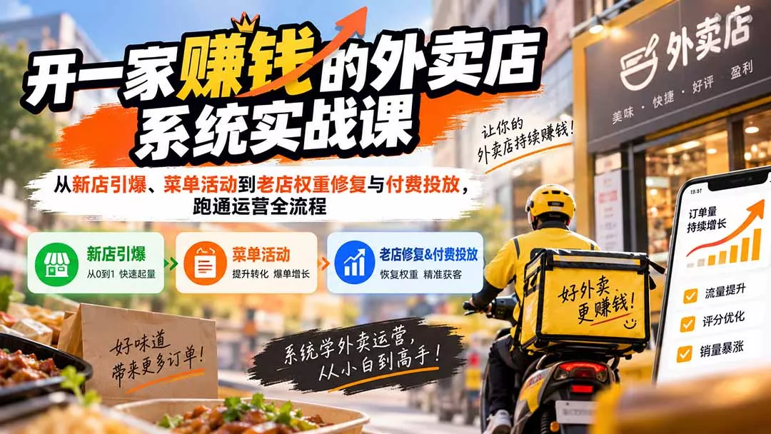 开一家赚钱的外卖店系统实战课：从新店引爆、菜单活动到老店权重修复与付费投放，跑通运营全流程 - 来及网络