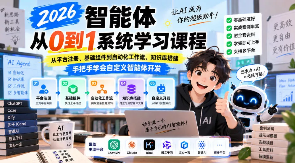 2026智能体从0到1系统学习课程，从平台注册、基础组件到自动化工作流、知识库搭建，手把手学会自定义智能体开发 - 来及网络