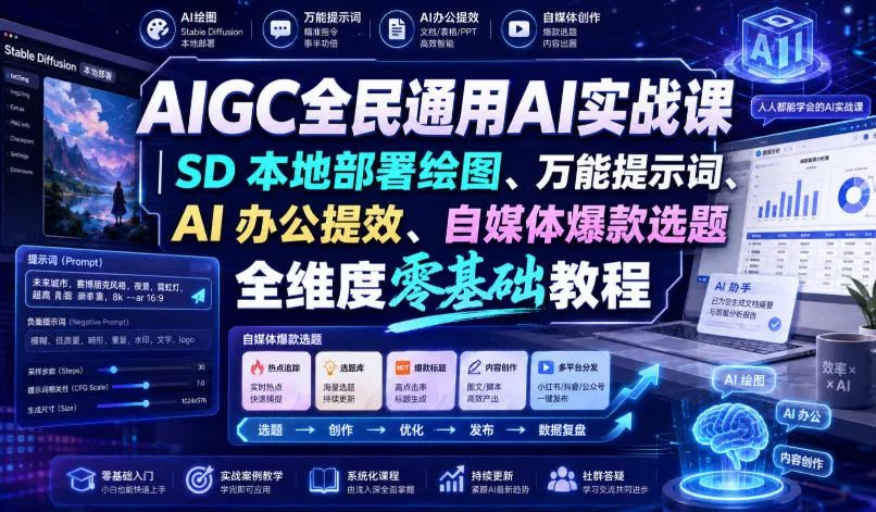 AIGC全民通用AI实战课｜SD本地部署绘图、万能提示词、AI办公提效、自媒体爆款选题全维度零基础教程 - 来及网络