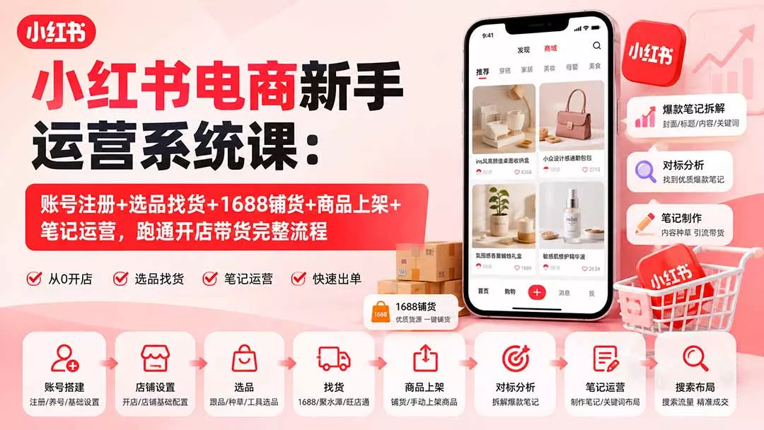 小红书电商新手运营系统课：账号注册+选品找货+1688铺货+商品上架+笔记运营，跑通开店带货完整流程 - 来及网络