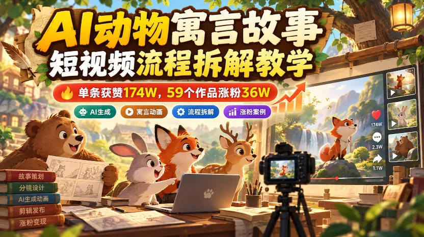 AI动物寓言故事短视频流程拆解教学，单条获赞174W，59个作品涨粉36W - 来及网络