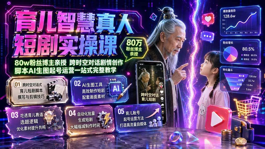 育儿智慧真人短剧实操课｜80w粉丝博主亲授，跨时空对话剧情创作，脚本AI生图起号运营一站式完整教学 - 来及网络