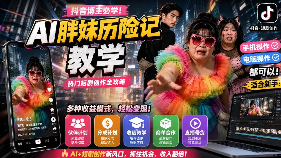 抖音博主的AI胖妹历险记教学，伙伴计划+分成计划+收徒+商单等多种收益，适合新手，手机电脑都可以操作 - 来及网络