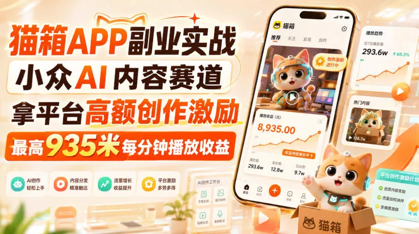 猫箱APP副业实战，小众AI内容赛道，拿平台高额创作激励，最高935米每分钟播放收益 - 来及网络