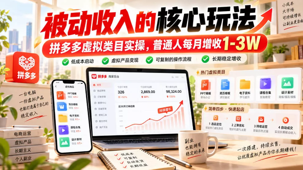 被动收入的核心玩法，拼多多虚拟类目实操，普通人每月增收1-3W【揭秘】 - 来及网络