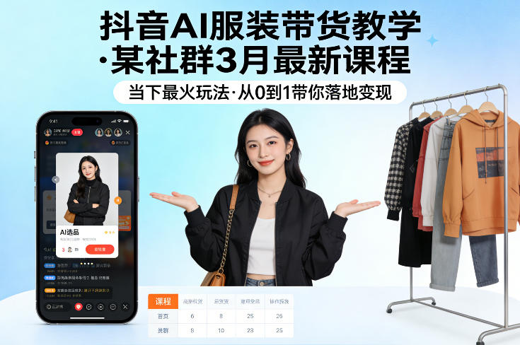 抖音AI服装带货教学，某社群3月最新课程，当下最火玩法，从0到1带你落地变现 - 来及网络