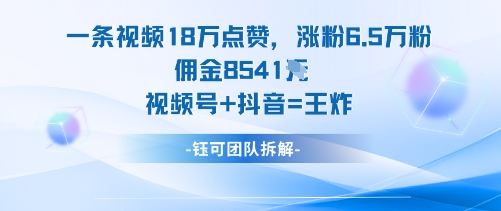 一条视频18W点赞，涨粉6.5W粉佣金8541米，视频号+抖音=王炸 - 来及网络