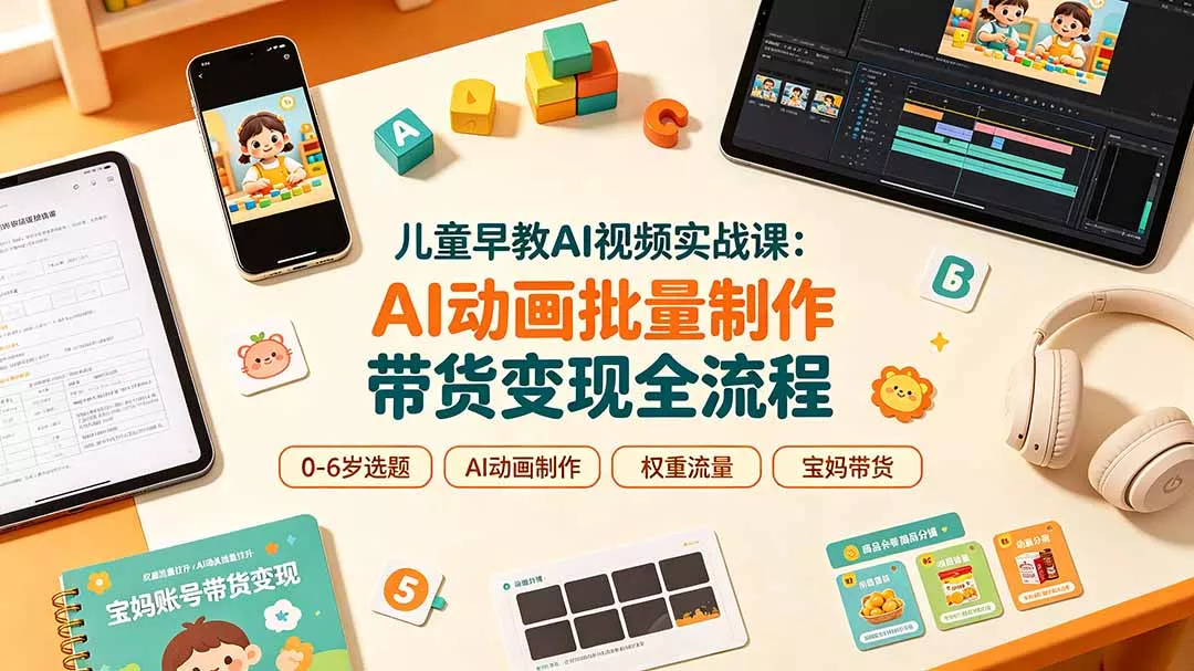 儿童早教AI视频实战课：0-6岁认知选题｜AI动画批量制作｜权重流量拉升｜宝妈账号带货变现全流程 - 来及网络