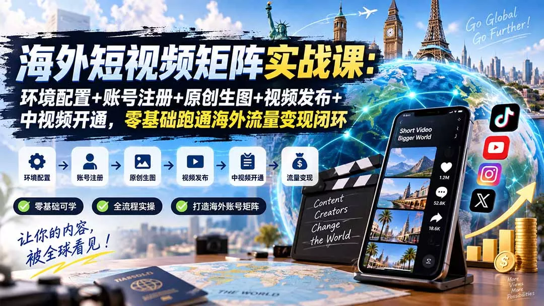 海外短视频矩阵实战课：环境配置+账号注册+原创生图+视频发布+中视频开通，零基础跑通海外流量变现闭环 - 来及网络